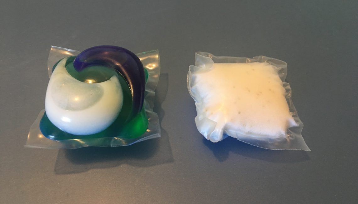 An image of a Tide Pod (which is blue, green and white) and an Arm and Hammer detergent pod, which is only white and is less visually appealing