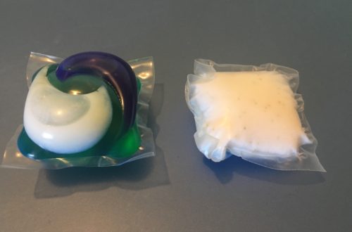 An image of a Tide Pod (which is blue, green and white) and an Arm and Hammer detergent pod, which is only white and is less visually appealing